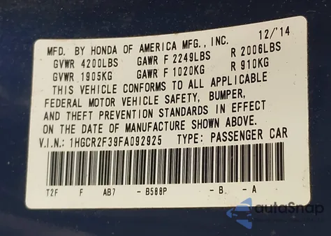 2015 Honda Accord Lx from USA, damaged, VIN 1HGCR2F39FA092925